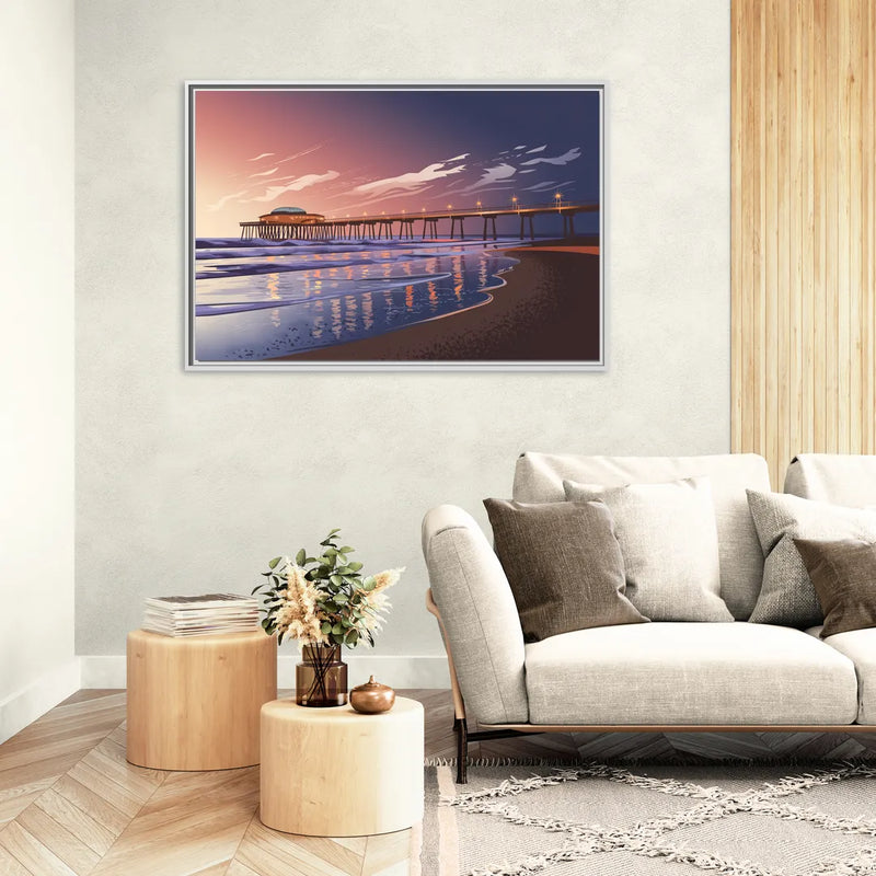Huntington Beach Pier At Twilight - Living Room White Frame Canvas