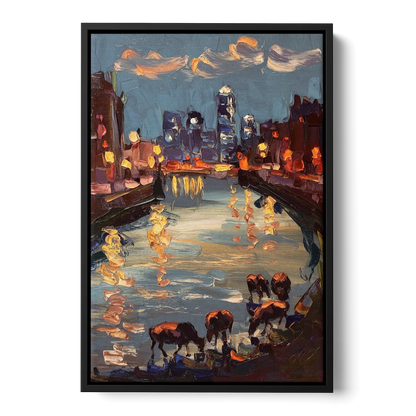 Buffalo Canalside at Night - Black Frame Canvas