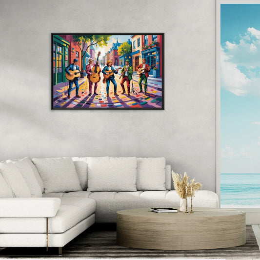 Quebec City Street Musicians - Living Room Black Frame Canvas