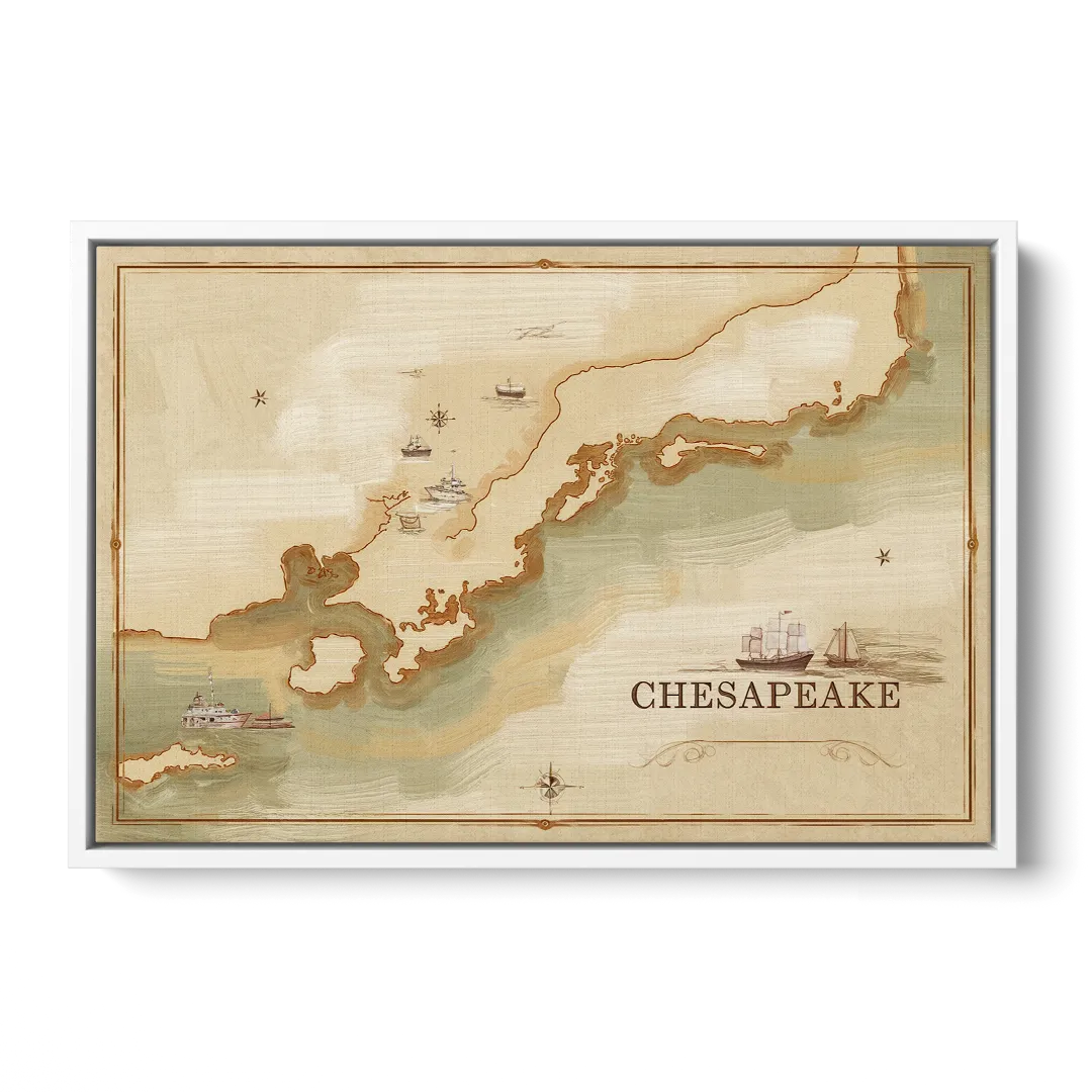 Chesapeake Bay Map Elegance - White Frame Canvas