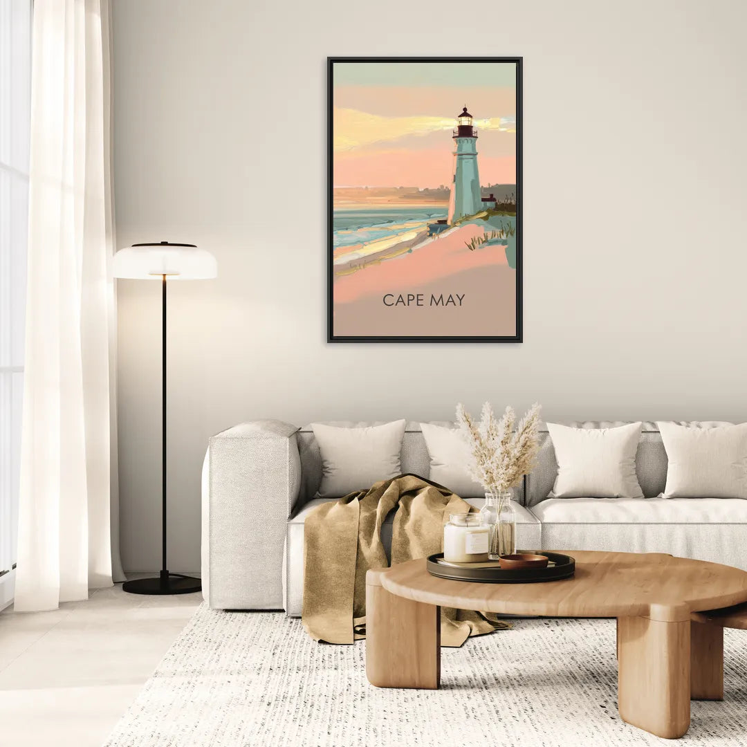 Cape May Lighthouse Glow - Living Room Black Frame Canvas