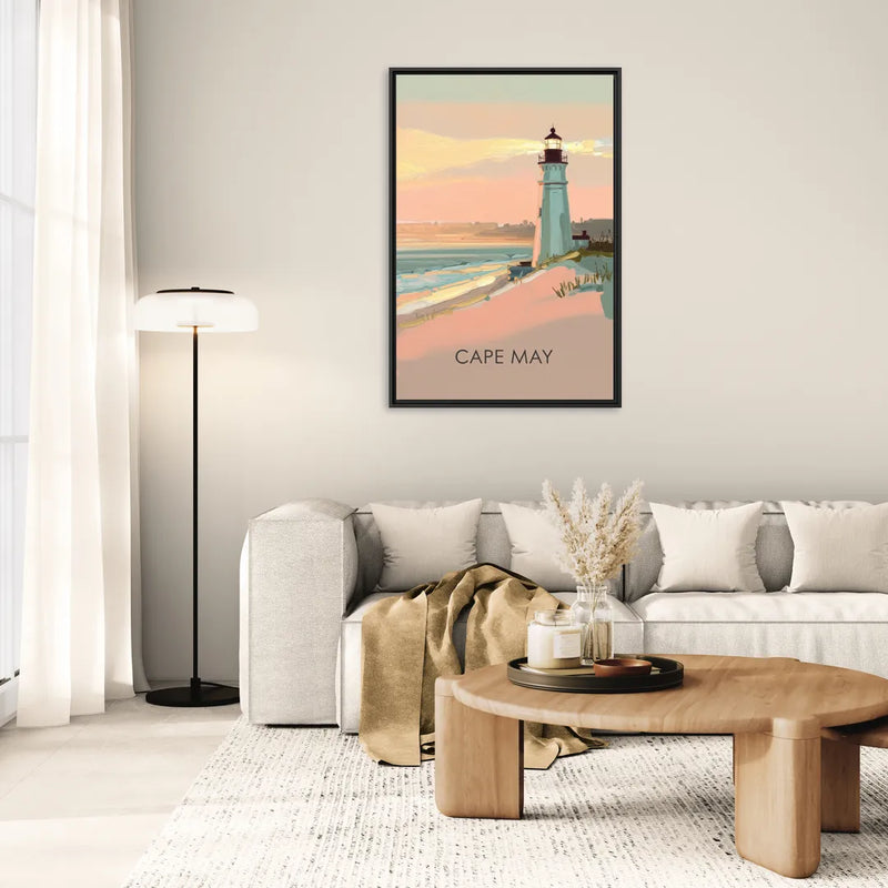 Cape May Lighthouse Glow - Living Room Black Frame Canvas