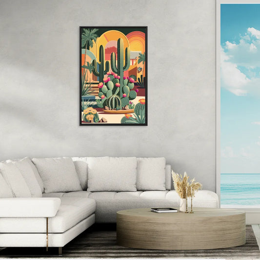 Palm Springs Colorful Cactus - Living Room Black Frame Canvas