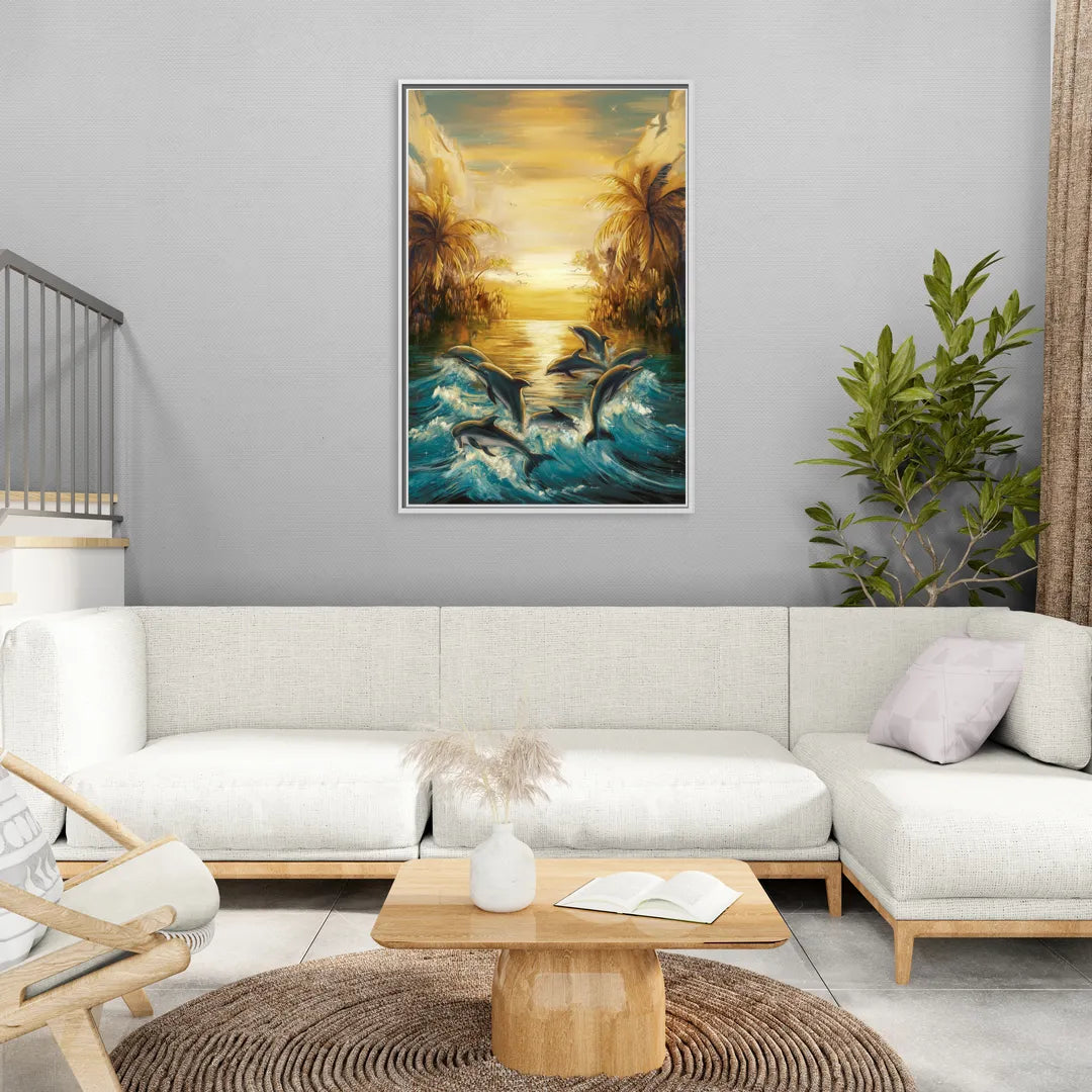 Myrtle Beach Dolphin Horizon - Living Room White Frame Canvas