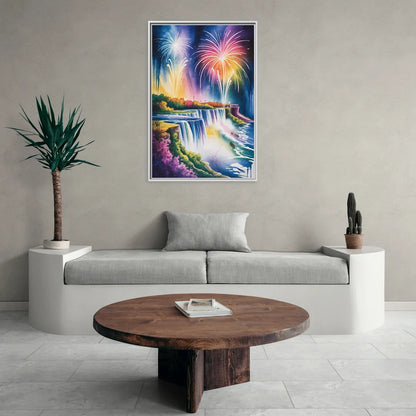 Niagara Falls Fireworks Show - Living Room White Frame Canvas