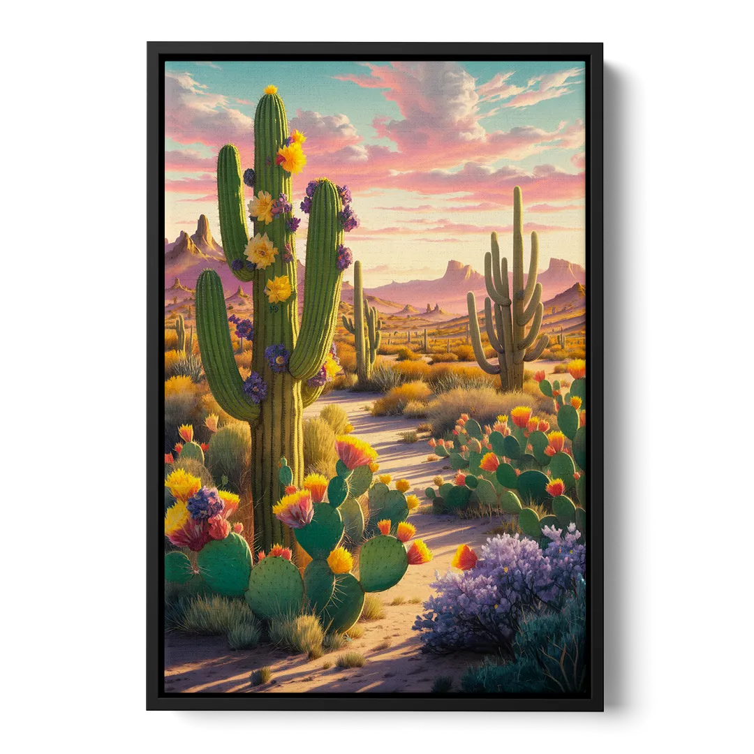 Phoenix Cactus Scene - Black Frame Canvas