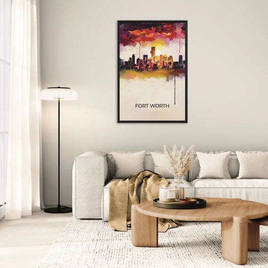 Fort Worth Cityscape at Sunset - Living Room Black Frame Canvas