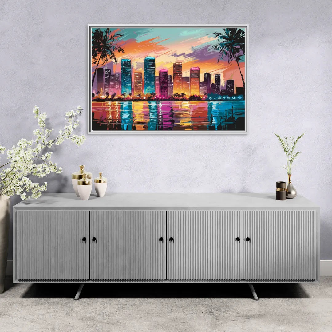 Miami Urban Sunset Glow - Living Room White Frame Canvas