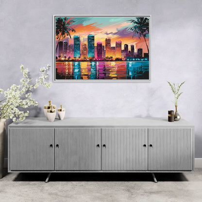 Miami Urban Sunset Glow - Living Room White Frame Canvas
