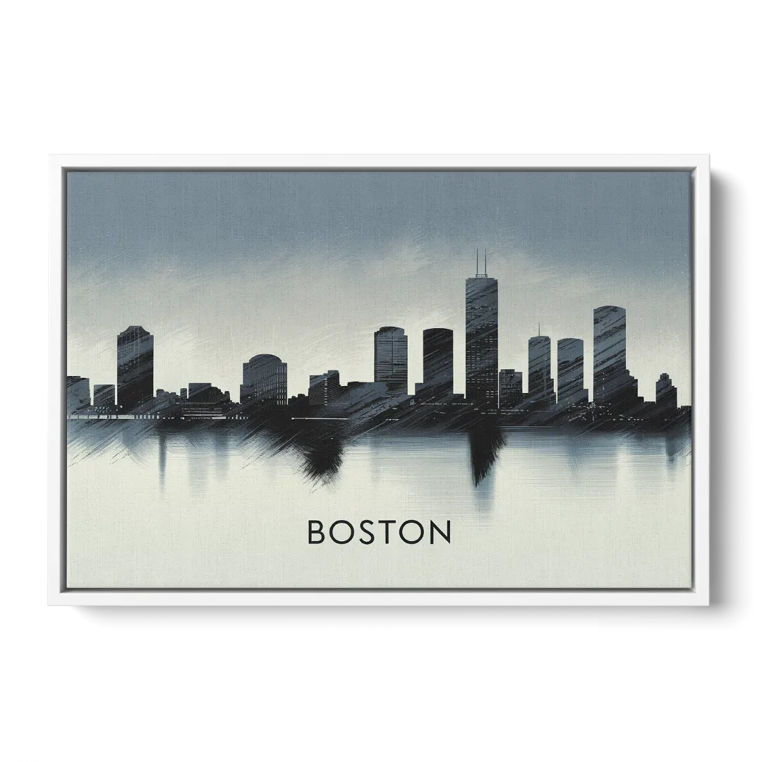 Boston Skyline In Fog - White Frame Canvas