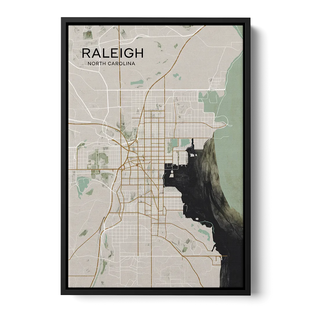 Raleigh City Map Design - Black Frame Canvas