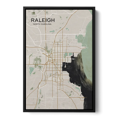 Raleigh City Map Design - Black Frame Canvas