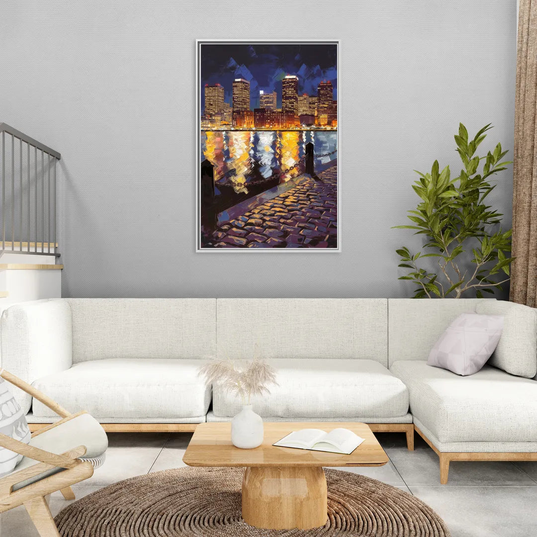 Boston Downtown Night Lights - Living Room White Frame Canvas