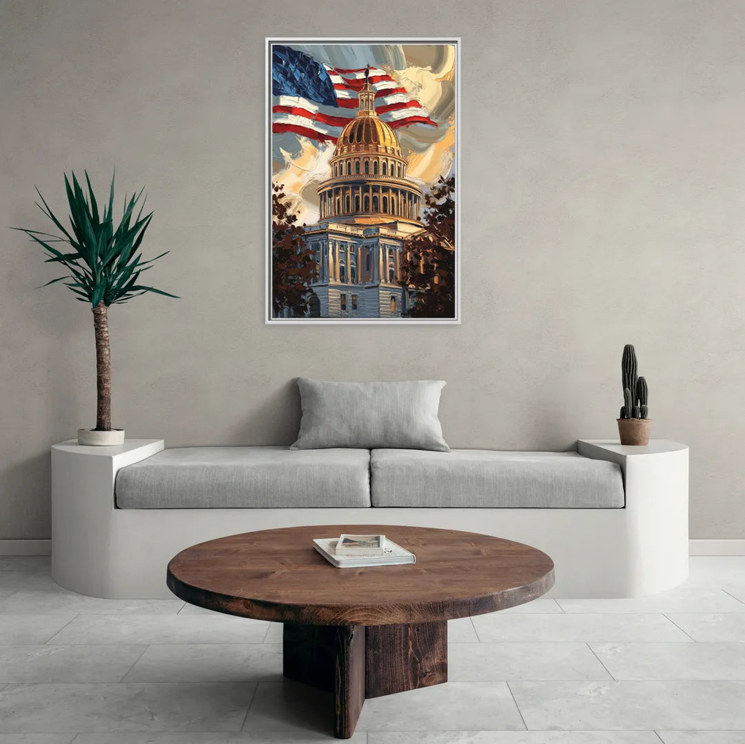 Savannah Capitol with American Flag - Living Room White Frame Canvas