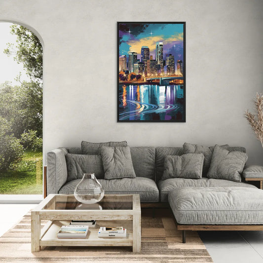 Minneapolis Urban Skyline Reflection - Living Room Black Frame Canvas