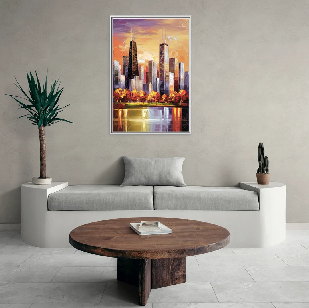 Chicago Skyline in Autumn - Living Room White Frame Canvas