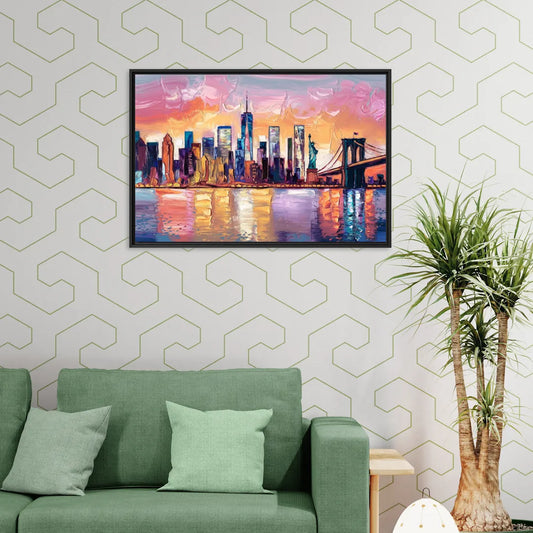 New York City Artistic Watercolor View - Living Room Black Frame Canvas