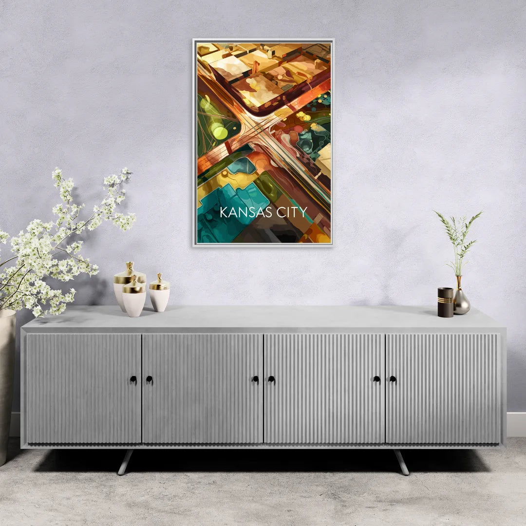 Kansas City Aerial View - Living Room White Frame Canvas