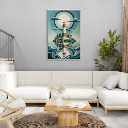 Lighthouse on the Island - Living Room White Frame Canvas