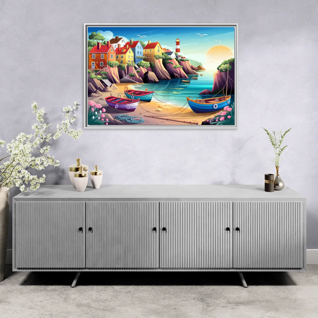 Seaside Fishing Village - Living Room White Frame Canvas