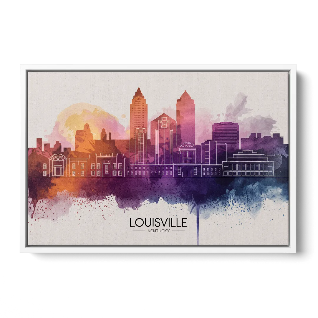 Louisville Sunset Over Skyline - White Frame Canvas