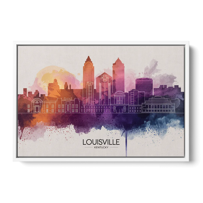 Louisville Sunset Over Skyline - White Frame Canvas