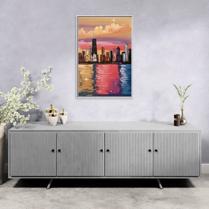 Chicago Skyline Reflections - Living Room White Frame Canvas