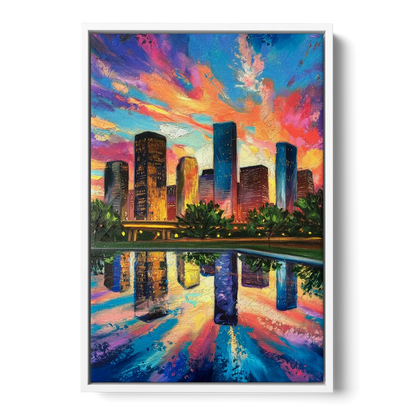 Houston Skyline Reflections - White Frame Canvas