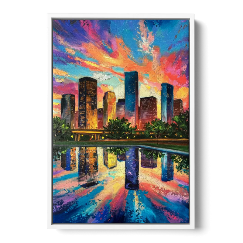 Houston Skyline Reflections - White Frame Canvas