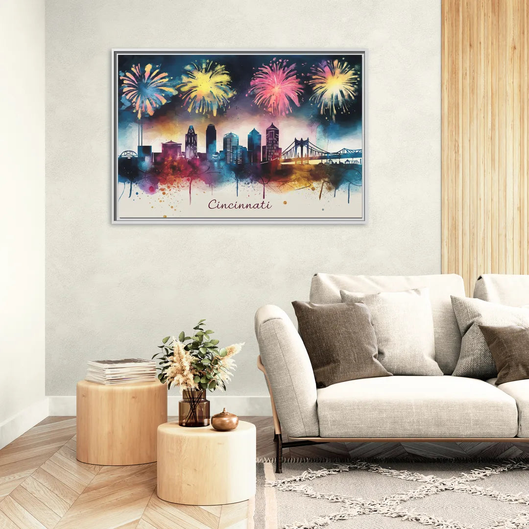 Cincinnati Skyline With Fireworks - Living Room White Frame Canvas