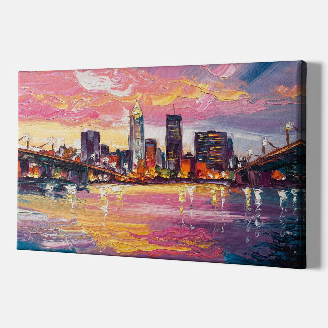 Cleveland Skyline At Sunset - Canvas Wall Art Indoor