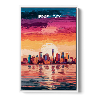 Jersey City Skyline Sunset - White Frame Canvas