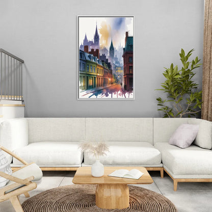 Qubec City by Night - Living Room White Frame Canvas