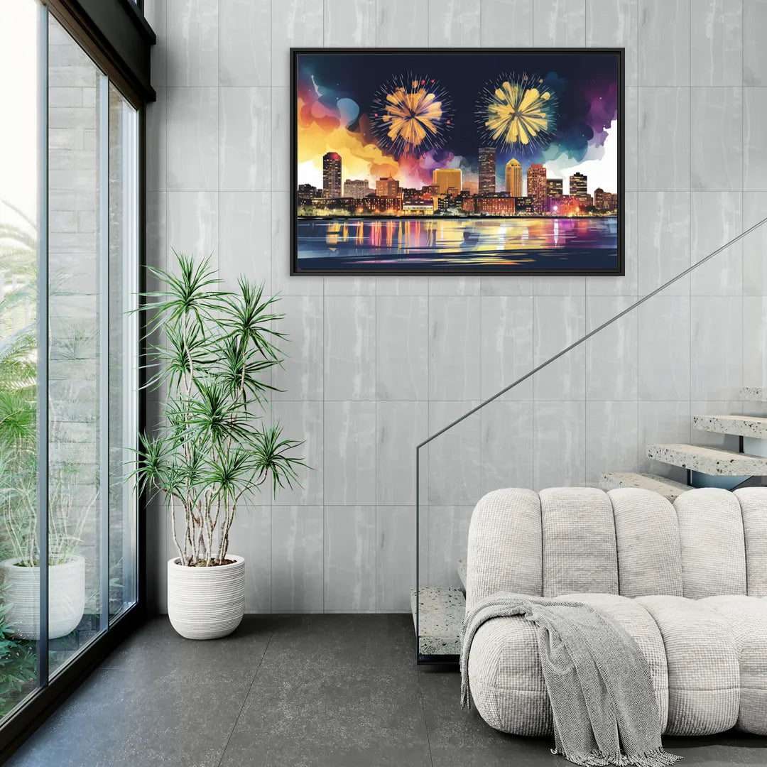 Boston Skyline With Fireworks - Living Room Black Frame Canvas