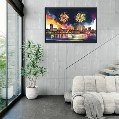 Boston Skyline With Fireworks - Living Room Black Frame Canvas