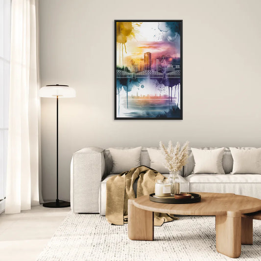 Sacramento Skyline Sunset - Living Room Black Frame Canvas