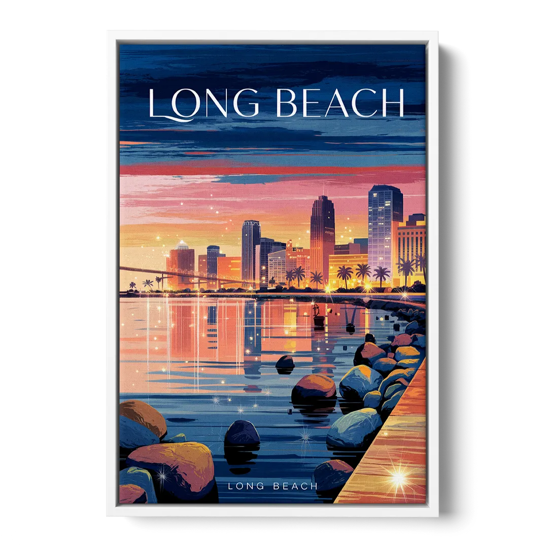 Long Beach Cityscape Evening Lights - White Frame Canvas