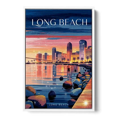 Long Beach Cityscape Evening Lights - White Frame Canvas