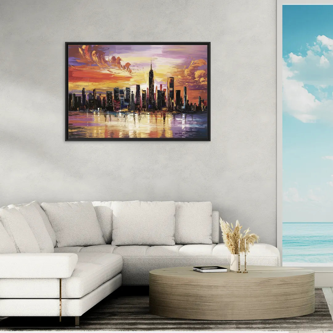 New York City Skyline At Sunset - Living Room Black Frame Canvas