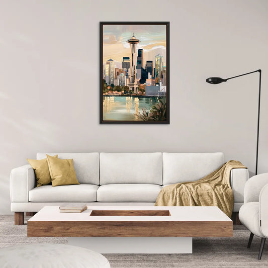 Seattle Space Needle and Cityscape - Living Room Black Frame Canvas
