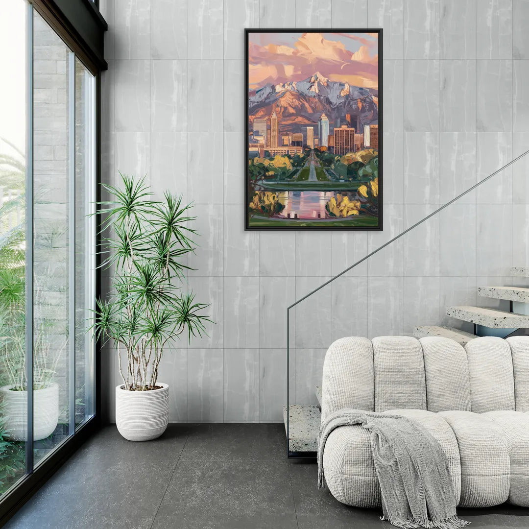 Salt Lake City Urban Landscape - Living Room Black Frame Canvas