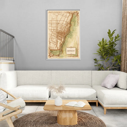 Detroit Vintage Map - Living Room White Frame Canvas