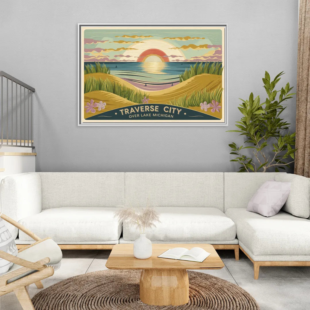 Traverse City Sunset Over Lake Michigan - Living Room White Frame Canvas
