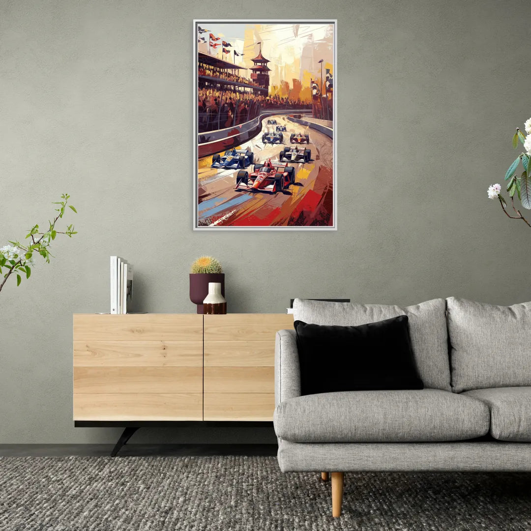 Indianapolis Motor Speedway Racing Scene - Living Room White Frame Canvas