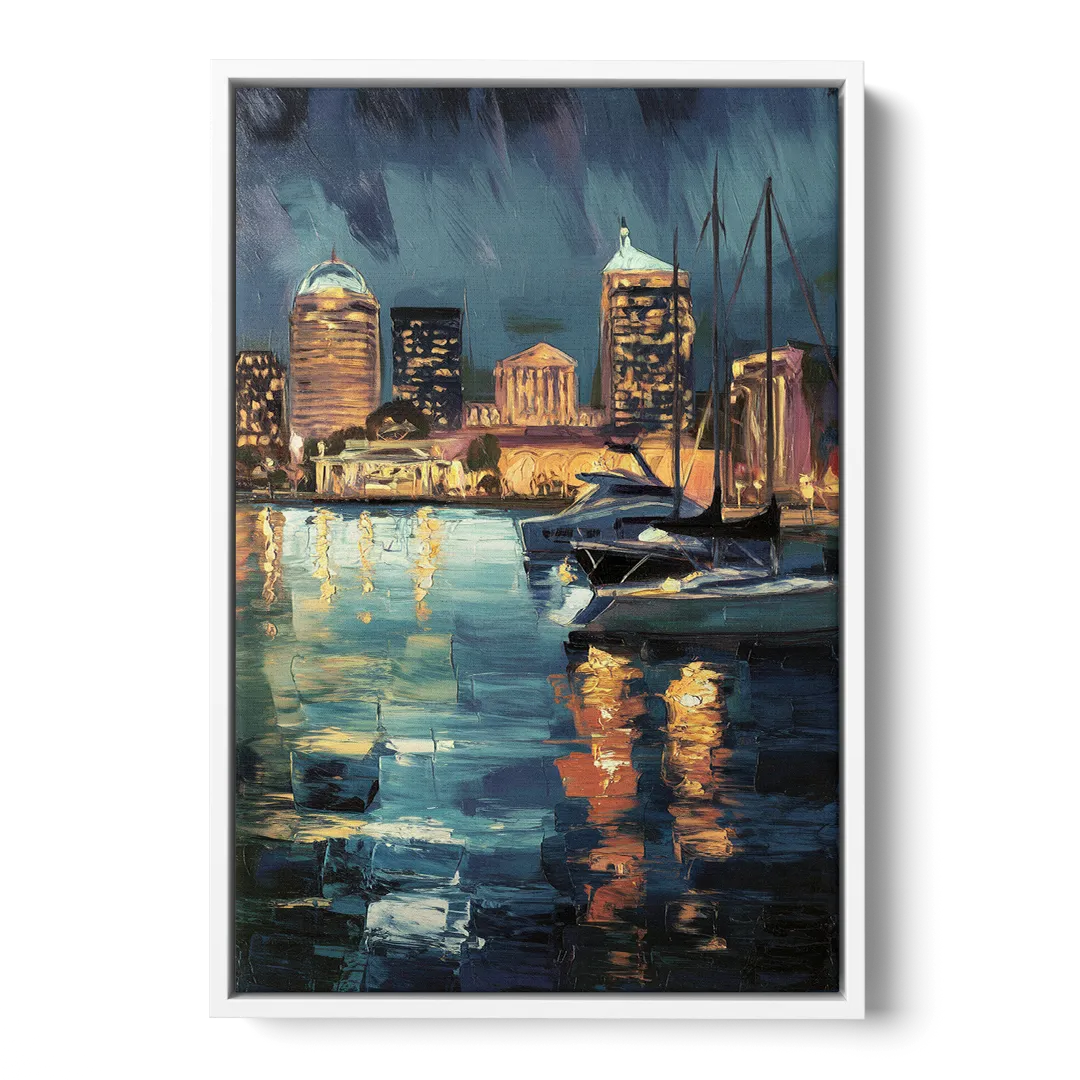 Baltimore Harbor Nightscape - White Frame Canvas