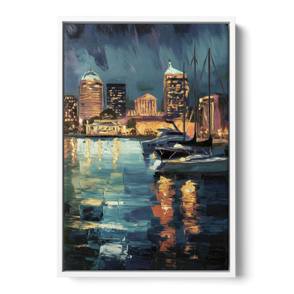 Baltimore Harbor Nightscape - White Frame Canvas