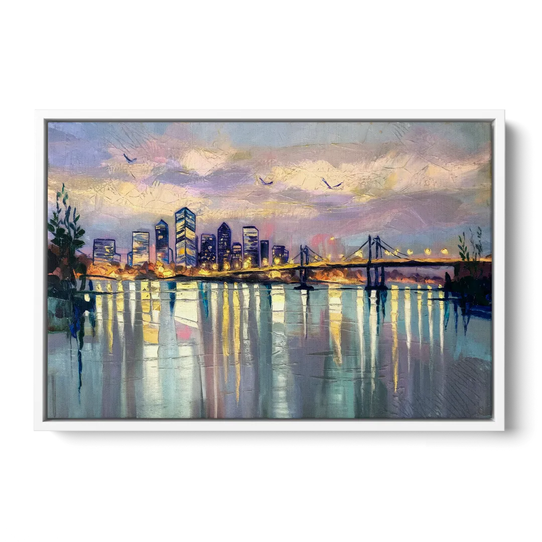 Portland Waterfront Reflection - White Frame Canvas