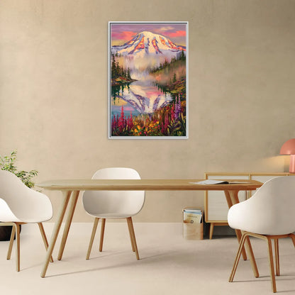 Tacoma Mount Rainier Reflection - Living Room White Frame Canvas