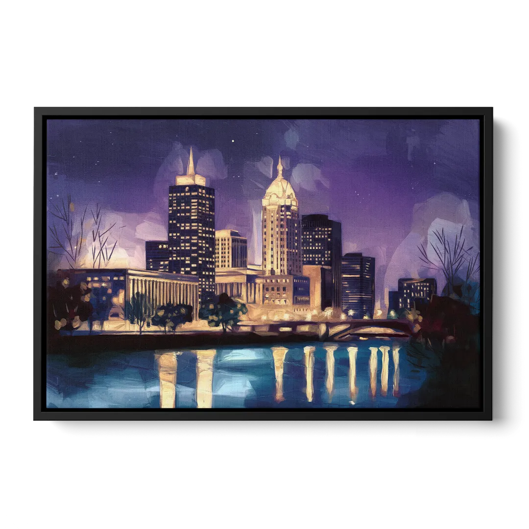 Indianapolis Nighttime Skyline - Black Frame Canvas