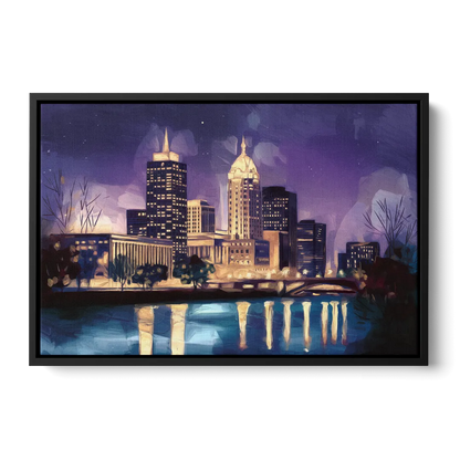 Indianapolis Nighttime Skyline - Black Frame Canvas